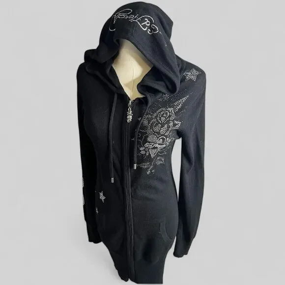 Ed-hardy Rhinestone Black Zip Up Hoodie - Picture 2 of 8